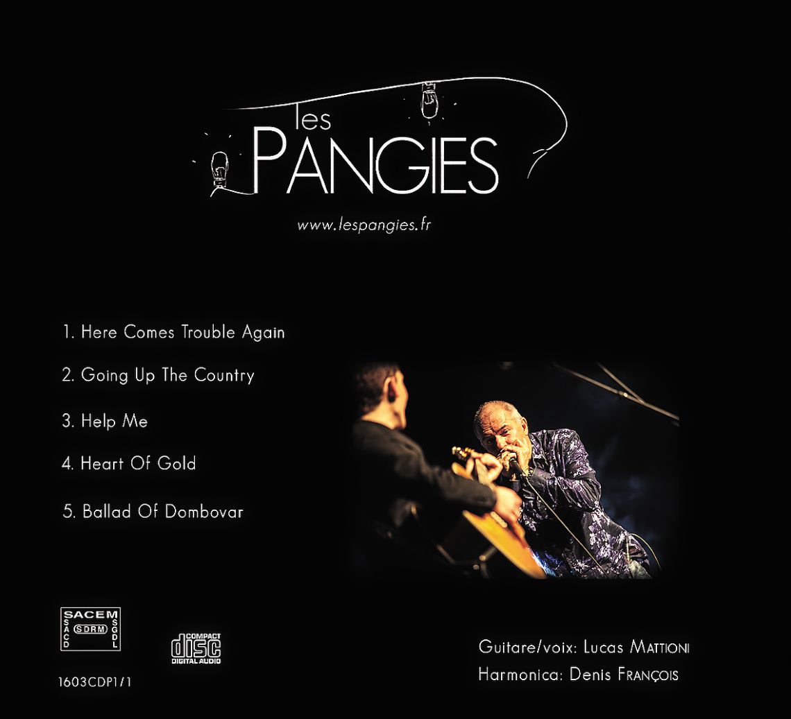 Debut EP from duo Les Pangies, featuring Here Comes Trouble Again, Going Up the Country, Help Me, Heart of Gold and Ballad of Dombovar, blending blues, folk and rock with authentic influences.